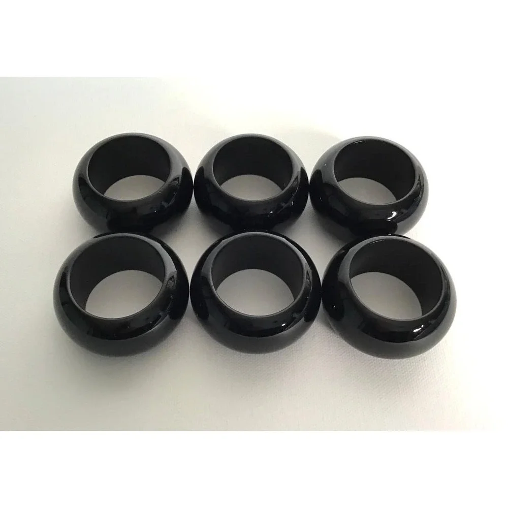 Vtg Light Blue Hemstitch Linen Napkins with Glossy Black Resin Napkin Rings (6)